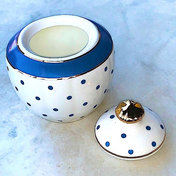 GRACES TEAWARE SUGAR BOWL & LID MARIN COBALT BLUE DOTS GOLD PORCELAIN NEW - Picture 2 of 5